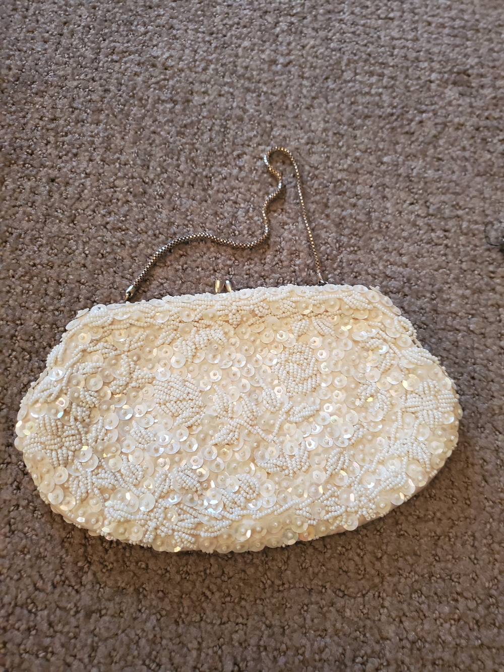 Beaded Ivory Evening Clutch with Chain Strap